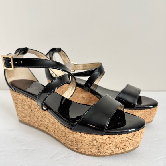 Jimmy Choo Portia 70 Black Patent Leather Wedge Sandals Size 36.5 - Picture 3 of 16